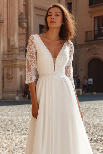 Ivory V-Neck A Line Long Wedding Dress with Sleeves